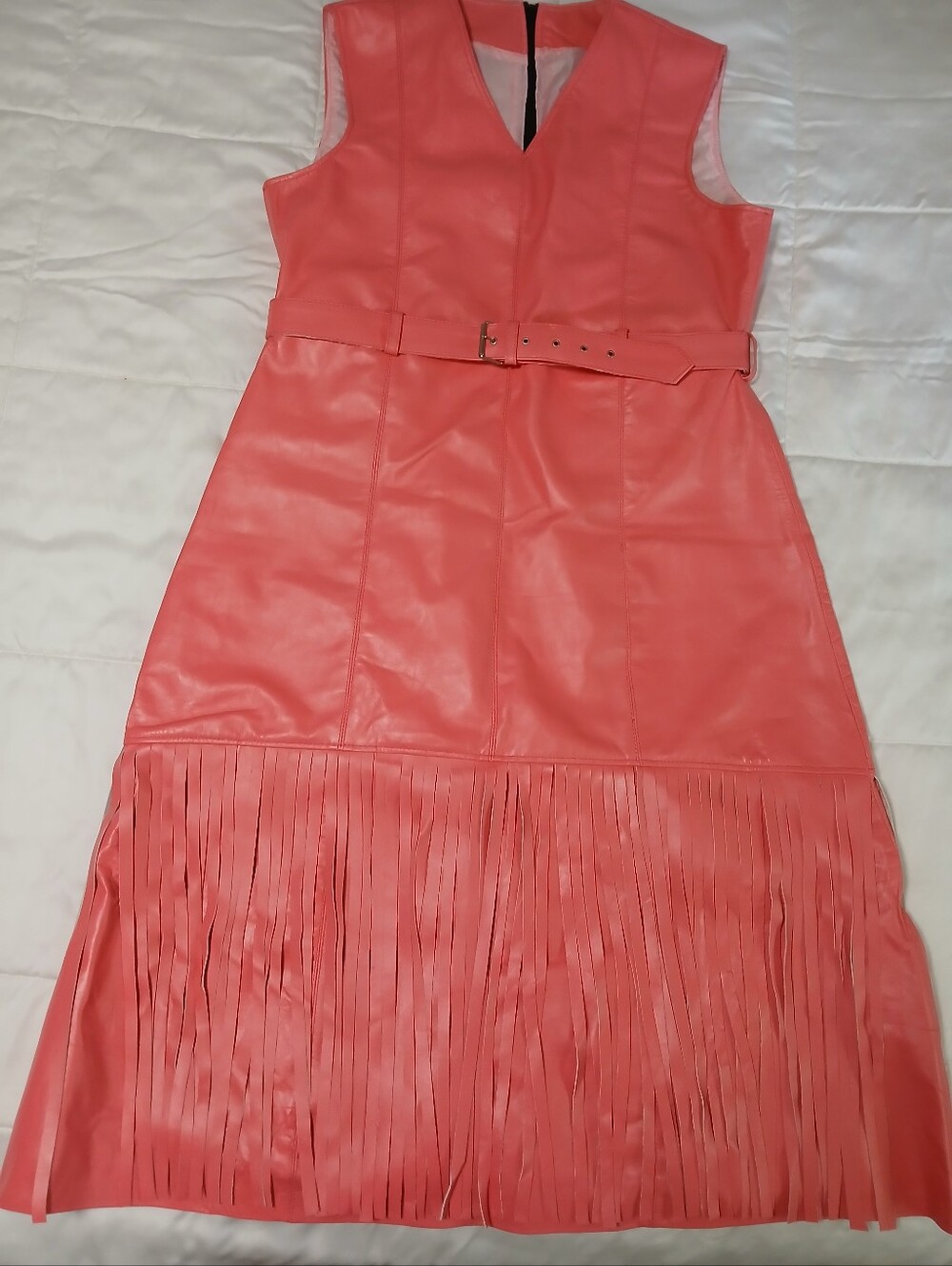 Coral Pink Sleeveless, Leather V-Neck Dress with Belted Waist & Fringe (XL US)